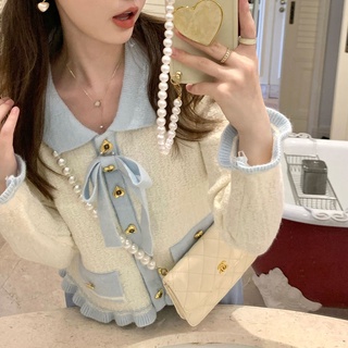 เสื้อกันหนาวแขนยาว ผ้าถัก ประดับโบว์ ขนาดเล็ก สีหวาน
