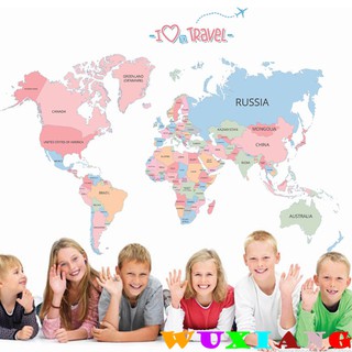 World Map สีภาษาอังกฤษจดหมายตกแต่งบ้านสติ๊กเกอร์ติดผนัง