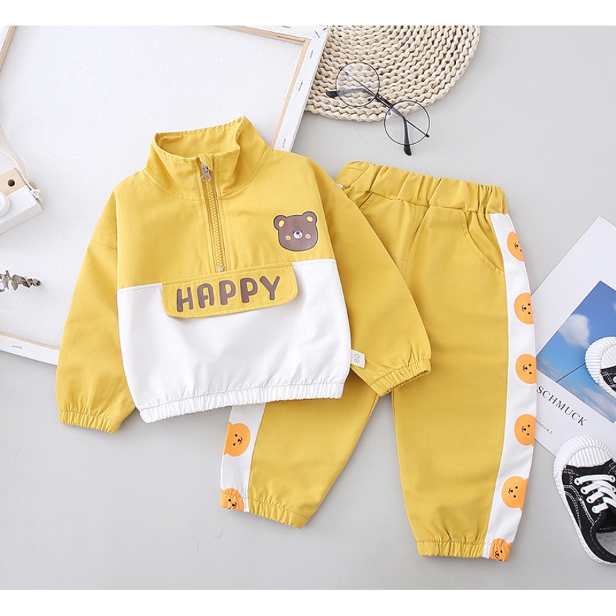 ชุดเด็กน่ารัก-ชุดกันหนาวเด็ก-เสื้อแจ็คเก็ตคอปีน-ลายหมี-happy-สีเหลือง-พร้อมกางเกงขายาว-น่ารักๆ