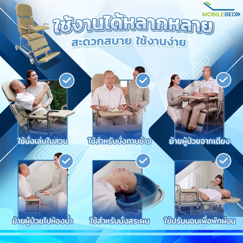 Synergy รุ่น MOBILE BED อุปกรณ์ดูแลผู้ป่วยติดเตียง 6 in 1 รถเข็นเคลื่อนย้าย อาบน้ำ นั่งถ่าย สระผม ครบวงจร