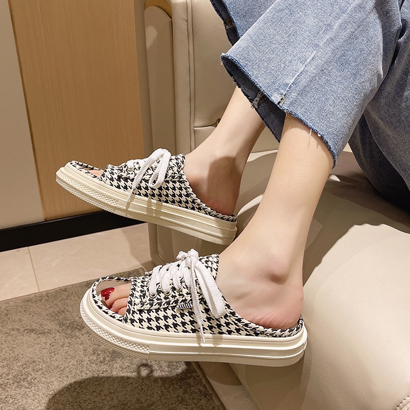 hot-sale-2523slippers-womens-outerwear-2022-new-fish-mouth-lazy-drag-platform-fashion-houndstooth-canvas-sandals-ขายร
