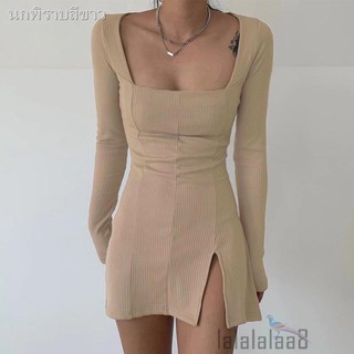 ❤หญิง💌❆❦✹☆➔❤Women Long Sleeve Square Collar Dress Fashion Split Solid Color