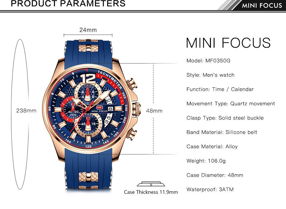 มุมมองเพิ่มเติมเกี่ยวกับ Mini FOCUS MF0350G นาฬิกาข้อมือควอตซ์แฟชั่น หรูหรา สําหรับบุรุษ