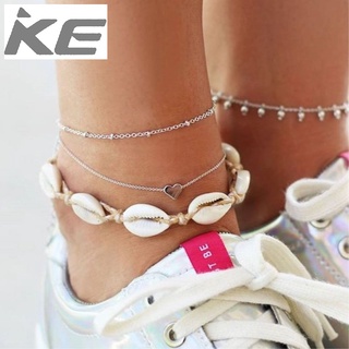 Geometric conch shell love peach heart beaded chain anklet three-piece set for girls for women