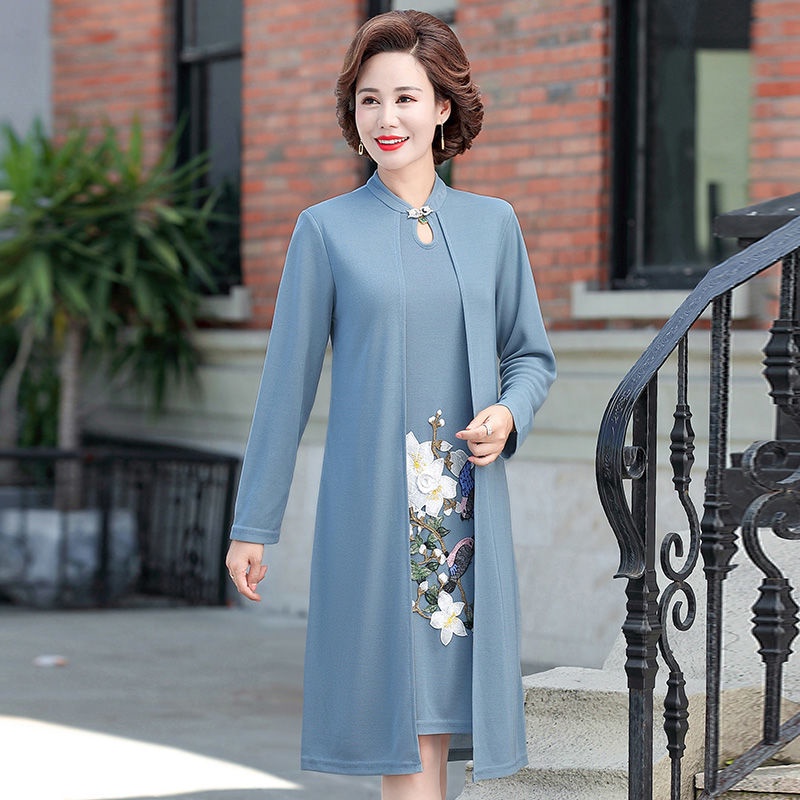 เดรส-ชุดเดรส-ฤดูใบไม้ผลิและฤดูใบไม้ร่วงวัยกลางคนหญิงอายุ40ปี50กระโปรงยาวปักวัยกลางคนสไตล์ต่างประเทศปลอมสองชิ้นแม่สว