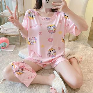 Short-sleeved pajamas female three-piece student ins bag loose, casual outerwear
