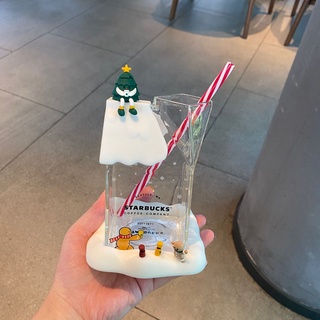 2020 Starbucks 480ml Christmas Milk Carton Shaped Glass Straw Cup ถ้วยน้ำน่ารักทนความร้อน