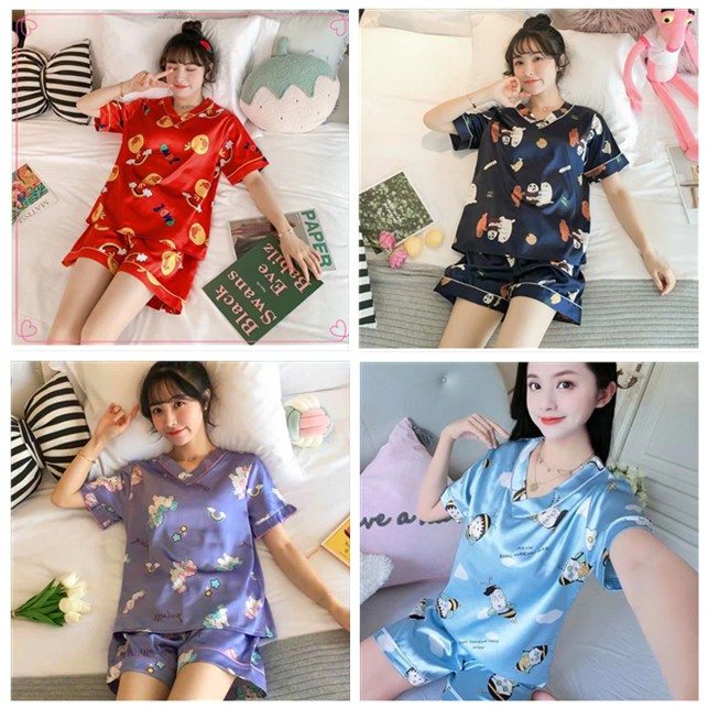 🔥พร้อมส่ง🔥1086 ชุดนอนผ้าซาติน แขน-ขาสั้น ชุดนอนลายการ์ตูน ชุดนอนลาย ...