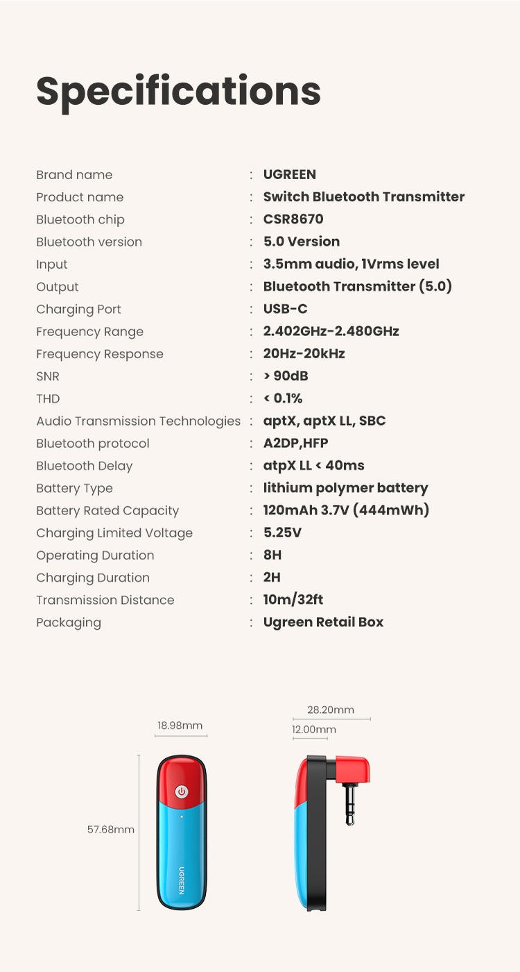 ภาพที่ให้รายละเอียดเกี่ยวกับ Ugreen อะแดปเตอร์ส่งสัญญาณเสียงบลูทูธ 5.0 สําหรับ Nintendo Switch Lite 3.5 มม. AAC SBC