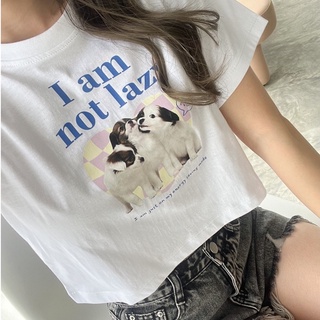 เสื้อครอปสกรีนลายน้องหมา I am not Lazy