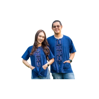 โปรโมชั่น : จันทร์ดีหม้อห้อม เสื้อหม้อห้อมกระดุมกะลาแขนสั้นปักลาย 4ลายปัก