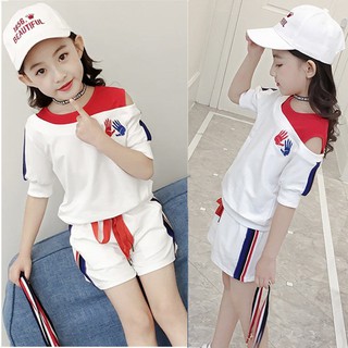 [พร้อมส่ง] ชุดเสื้อยืดแขนสั้น เปิดไหล่ ผ้าฝ้าย กางเกงขาสั้น สองชิ้น สไตล์เกาหลี แฟชั่นฤดูร้อน สําหรับเด็กผู้หญิง 2021