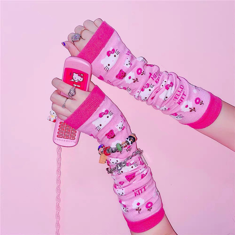 ภาพหน้าปกสินค้าPink Arm Sleeves Wrist Cuffs Oversleeves Spice Girls Aesthetic Pink Lolita Steampunk Accessories Cute Gloves