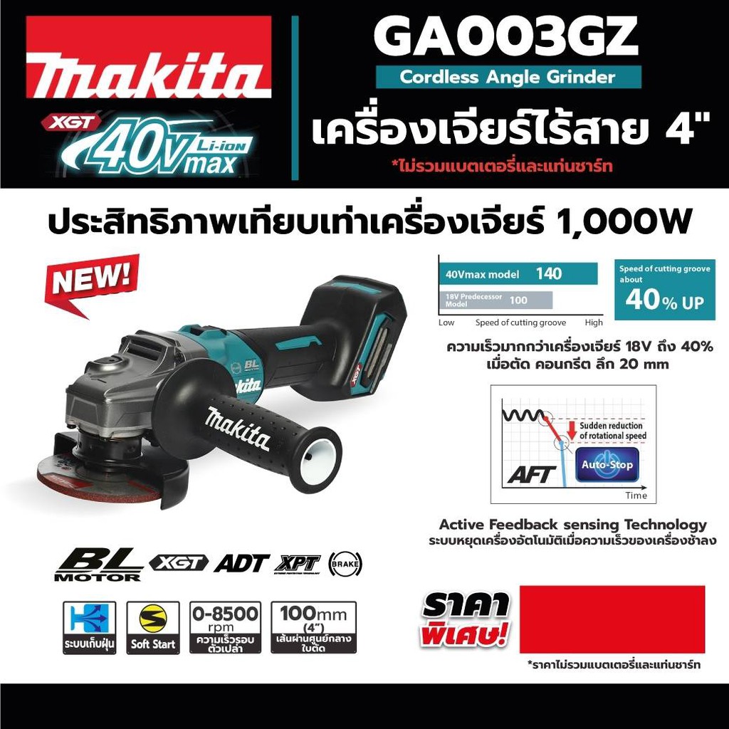 makita-ga003gz-เครื่องเจียร์-4-40vmax-เครื่องเปล่า-ไม่รวมแบต-แท่นชาร์จ-มีชุดแบตจำหน่ายแยก