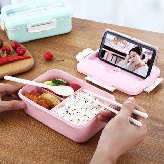 🚗พร้อมส่ง🚗กล่องอาหารกลางวันหุ้มฉนวนฟางข้าวสาลีกล่องอาหารนักเรียนญี่ปุ่นสามตาราง Bento Box ไมโครเวฟ กล่องอาหารกลางวันสำ