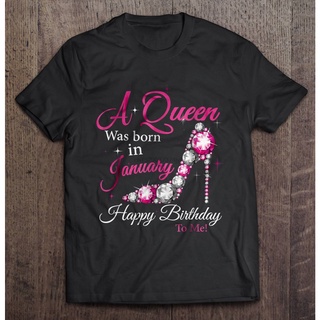 [S-5XL] เสื้อยืด แขนสั้น พิมพ์ลาย A Queen Was Born In January Happy Birthday To Me ประดับพลอยเทียม สไตล์คลาสสิก แฟชั่นสํ