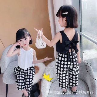 【สายเดี่ยวเด็กผู้หญิง】เสื้อยืดแขนสั้น และกางเกงขากว้าง แฟชั่นฤดูร้อน สไตล์ตะวันตก สําหรับเด็กผู้หญิง