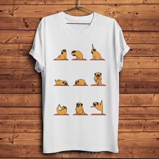 เสื้อยืดสีขาวเสื้อยืดลําลอง ผ้าฝ้าย แขนสั้น คอกลม พิมพ์ลาย Pug Dog Yoga สีขาว สไตล์สตรีท เหมาะกับฤดูร้อน สําหรับผู้ชาย 2