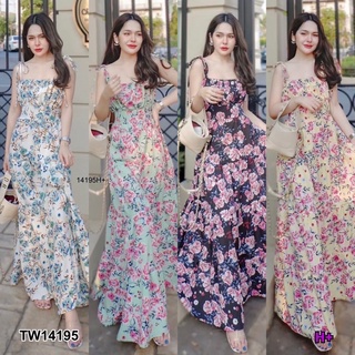 PE14195 Maxi dress ลายดอกไม้ สม็อคหลัง