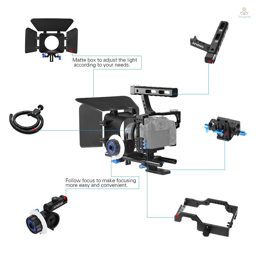 ภาพหน้าปกสินค้า(fygath)Andoer C500 ชุดกรงกล้องวิดีโอ อะลูมิเนียมอัลลอย พร้อมก้าน 15 มม. และด้ามจับโฟกัส แบบเปลี่ยน สําหรับ Panasonic GH4 A7S A7 จากร้าน funygame.th บน Shopee