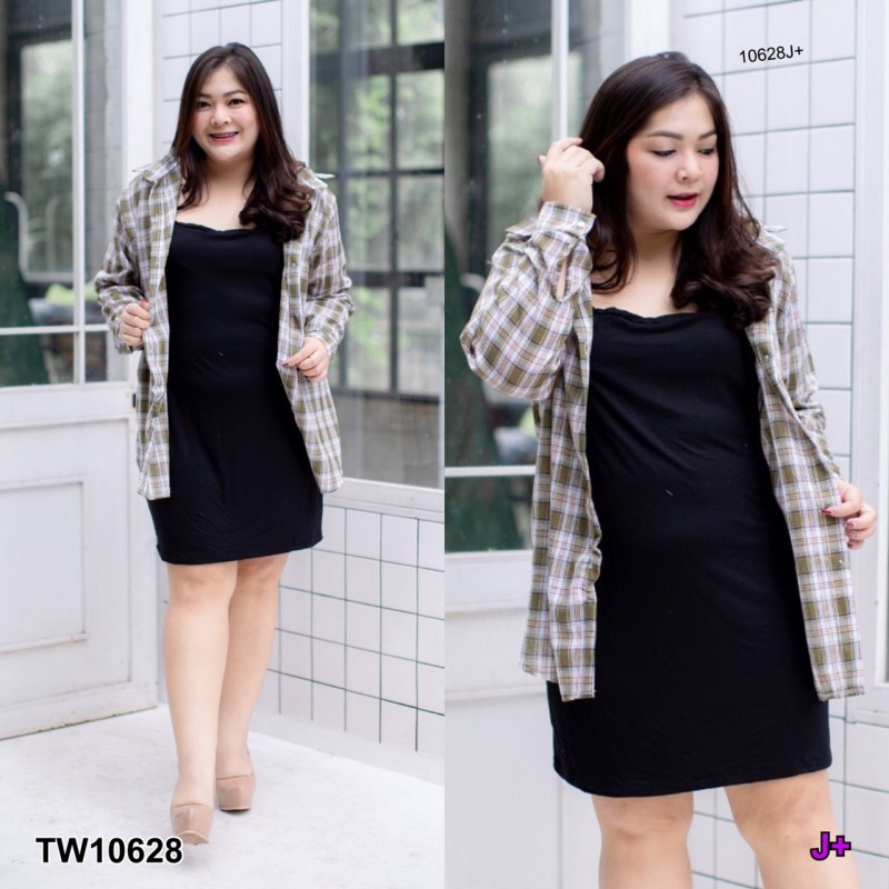 set-bigsize-เสื้อเชิ้ตลายสก็อต-เดรสสายเดี่ยว-tw10628