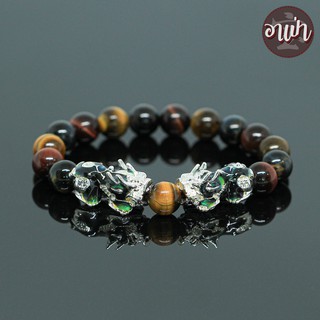 หินไทเกอร์อายส์ 3 สี สามทหารเสือ Tiger Eye ขนาด 10 มิล ปี่เซียะเปลี่ยนสีคู่ สีเงิน หินแท้ 100% คตไม้สัก พลอยตาเสือ