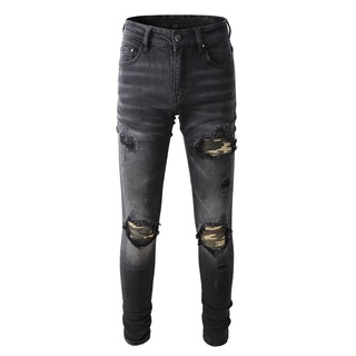 AMIRI Black Scratched Hole แพทช์สีเหลือง Slim Mens European and American Trendy Jeans