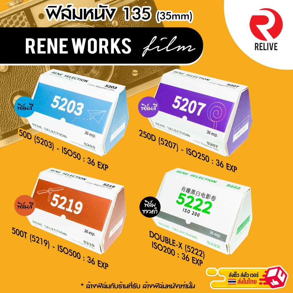 ราคาและรีวิวฟิล์มหนัง ถ่ายรูป 135  RENE Works 50D, 250D , 500T  ( Film 35mm ) Motion Movie Film ฟิล์ม