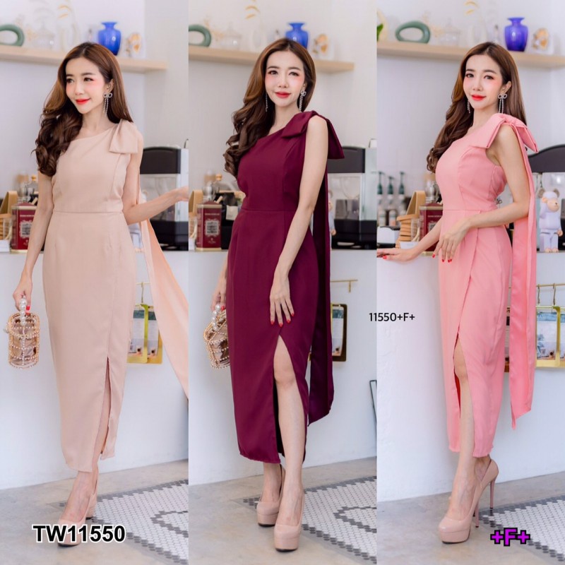 tw11550-เดรสไหล่เดียว-แต่งโบว์-1-ข้าง-ปล่อยสไบสวยๆ