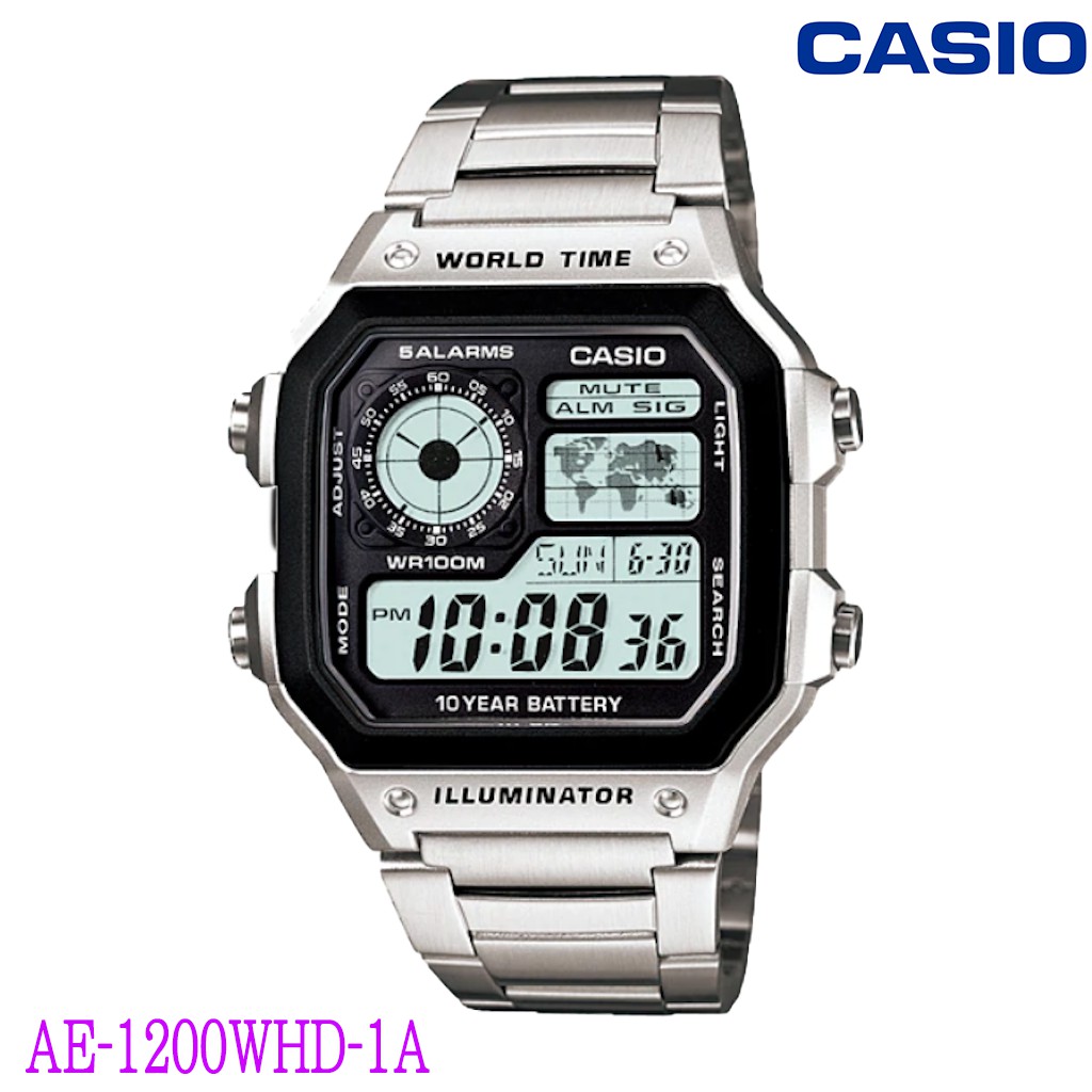 พร้อมส่ง-casio-ae-1200whd-1a-casio-รับประกันศูนย์1-ปีเต็ม-นาฬิกาผู้ชายเตนเลสสตีลา-แบตเตอรี่-10-ปี-นาฬิกา