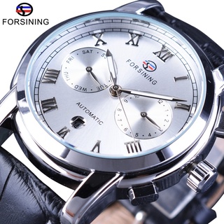 Forsining Classic Calendar White Fashion Silver Dial Genuine Leather Roman Number Display Mens Automatic Watch Top Brand