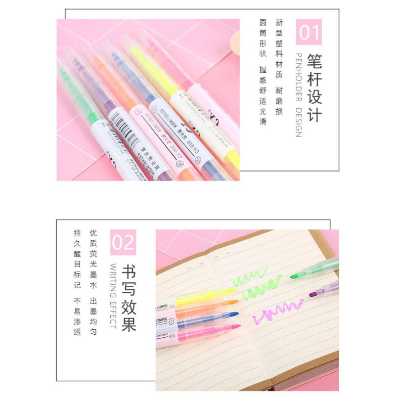 ปากกาไฮไลท์-2-ด้าน-แพ็ค-6แท่ง-ไฮไลท์-color-mark-pen-cute-6-pcs-set-ปากกาเน้นข้อความ-มี-2-หัว