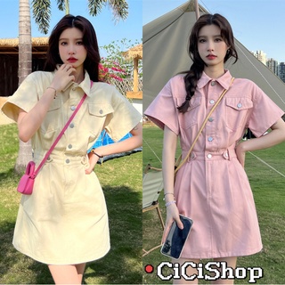 Cicishop(6370)Mini dress เดรสแขนสั้นคอปกกระดุมผ่ากลาง ดีเทลกระเป๋าตรงอกสไตล์โคเรีย