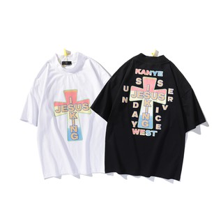 【Hot】สินค้าพร้อมส่ง Kanye Jesus Is King Rainbow cross แขนสั้นคู่รักสตรีทแฟชั่นเสื้อยืดเสื้อยืดฤดูร้อน [M-XXL]