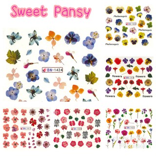 สติกเกอร์ติดเล็บ สติกเกอร์ตกแต่งเล็บ แทททูติดเล็บ แบบลอกลายน้ำ ลาย Sweet Pansy (BN1417-1428)