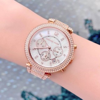 (ผ่อน0%) นาฬิกา Michael Kors Womens Parker Pavé Rose Gold-Tone Watch MK6514  สีRosegold ประดับคริสตัลทั้งเรือน  39 มม.