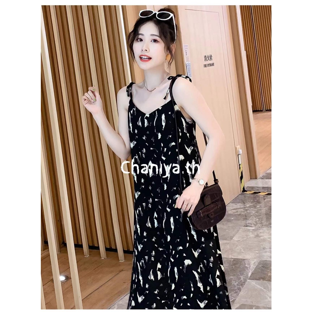 chaniya-th-พร้อมส่ง-ชุดเดรสยาวเลยเข่าคอวีสายเดียวแบบผูกแบบใหม่ข่าวดำสุดนักรักสไตล์เกาหลี