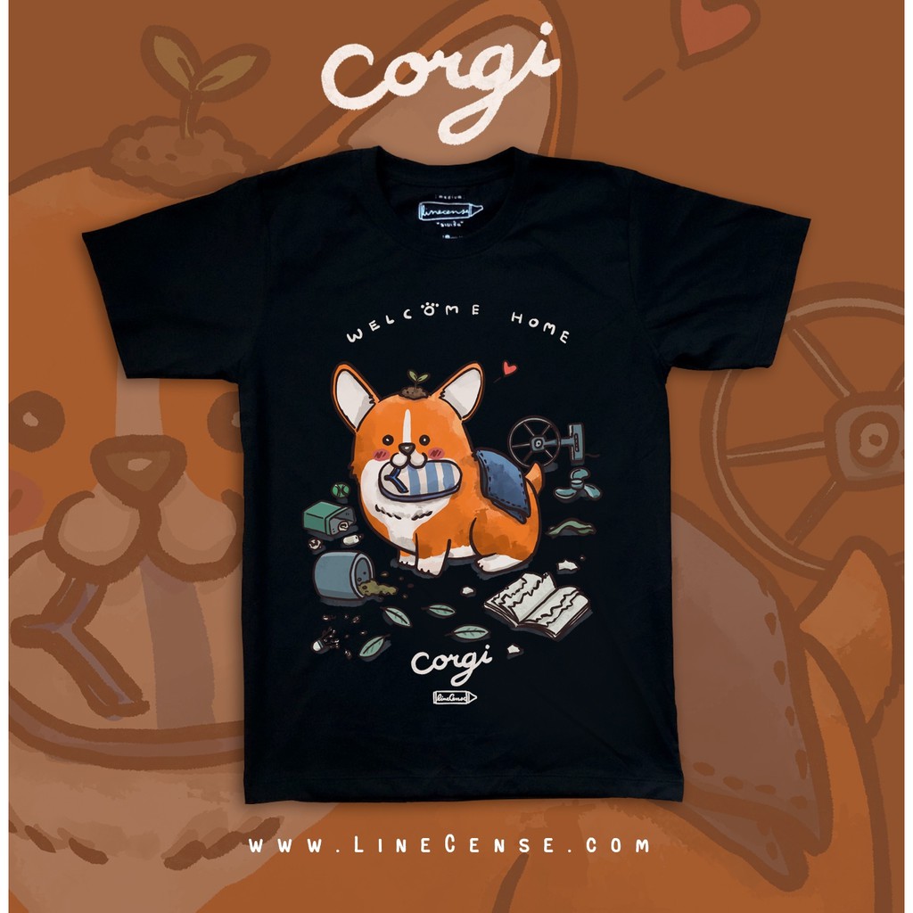corgi-welcome-home-dog-on-black-premium-t-shirt-เสื้อยืด-สีดำ-ลายน้องหมาคอกี้