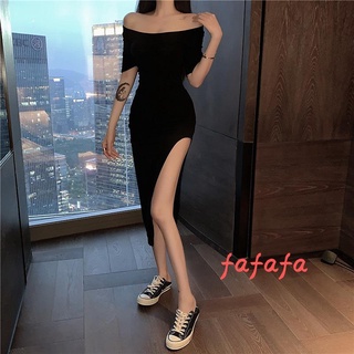 FAFA-Women´s Bodycon Dress, Short Sleeve Middle Waist Square Neck Solid Color Slim Fitted Split Dresses