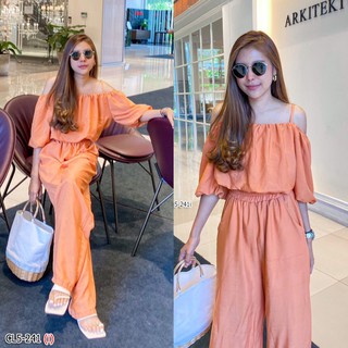 👚👖H5-241 - ORANGE Set 2 ชิ้น เสื้อสายเดี่ยวเปิดไหล่ มากับกางเกงขายาว เอวสม็อก มีกระเป๋า2ข้าง เนื้อผ้าสปัน ไม่บาง ใส่สบาย