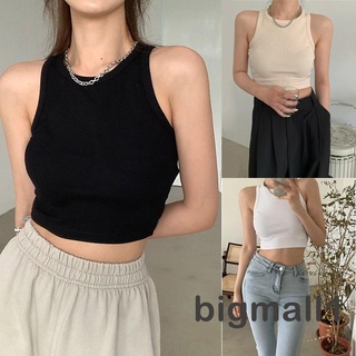 Bigmall- เสื้อครอปท็อป คอกลม แขนกุด สีพื้น สําหรับผู้หญิง