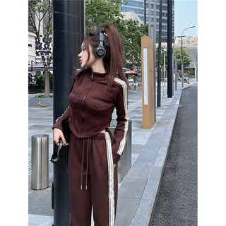 🌈3 สี [two piece set] อารมณ์แขนยาวสั้นเสื้อผู้หญิงชุดฤดูใบไม้ร่วงกีฬาเอวสูงสบายๆกางเกงขากว้างชุด 2 ชิ้น
