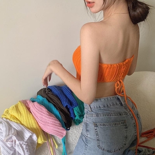 Comeandbuy- สามเหลี่ยม ผ้าพันคอ สายรัดหน้าท้อง สไตล์ยกทรง ถัก เสื้อกั๊ก ออกแบบเฉพาะ ไม่สม่ําเสมอ ด้านบน เสื้อกั๊ก เวอร์ชั่นเกาหลี สีพื้น ลูกไม้-สะดือ เอวสูง สั้น เสื้อ