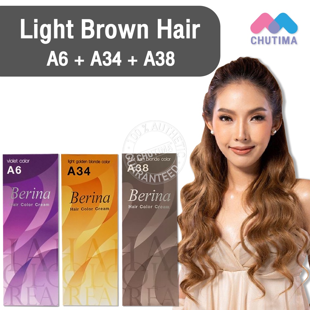 สีผมแฟชั่น-เซตสีผม-เบอริน่า-แฮร์-คัลเลอร์ครีม-สีน้ำตาลหม่นประกาย-berina-hair-color-cream-set-a6-a34-a38-light-brown-hair