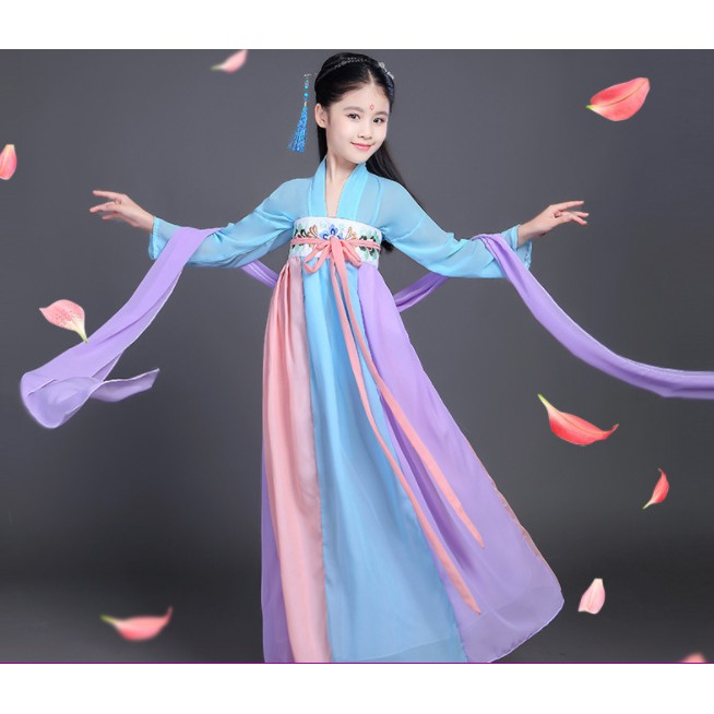 พร้อมส่ง-ชุดจีนโบราณเด็กหญิง-ชุดจีนเด็กสีฟ้าม่วง-ชุดประจำชาติจีน