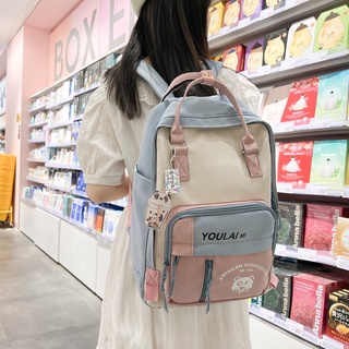 【พร้อมส่ง】กระเป๋าเป้สะพายหลัง กระเป๋านักเรียน ใส่แล็ปท็อป สไตล์ญี่ปุ่น สีตัดกัน เรียบง่าย สําหรับผู้หญิง