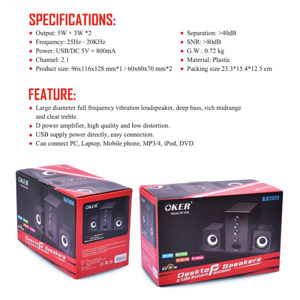 ภาพสินค้าOker desktop speakers Aux+Bluetooth ปรับเบสได้ ลำโพงคอม รุ่น SP823 - SP836 จากร้าน okay4u บน Shopee ภาพที่ 4