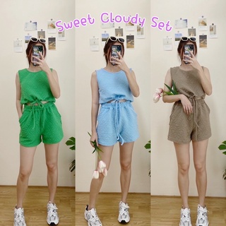 Sweet Cloudy Set ชุดเซ็ตเสื้อครอปแขนกุดรูดเอว+กางเกงขาสั้นมีกระเป๋า2ข้าง