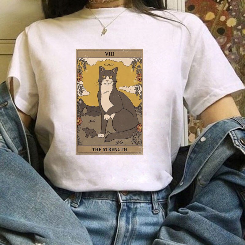 เสื้อวินเทจผญ-แมวไพ่ทาโรต์oversizeวินเทจการ์ตูนteesคาวาอี้กราฟิกนุ่มผ้าฝ้ายน่ารักทอง