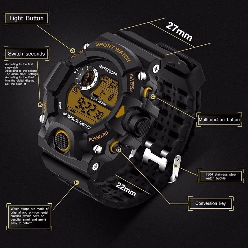 sanda-นาฬิกาข้อมือดิจิตอลกันน้ำสำหรับผู้ชาย